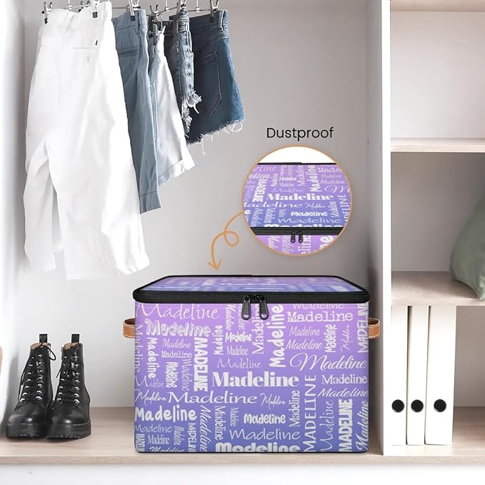 Custom Storage Basket with Name Personalized Keepsake Box with Zipper Lid Foldable Fabric Memory Bin Large capacity with Handle Purple