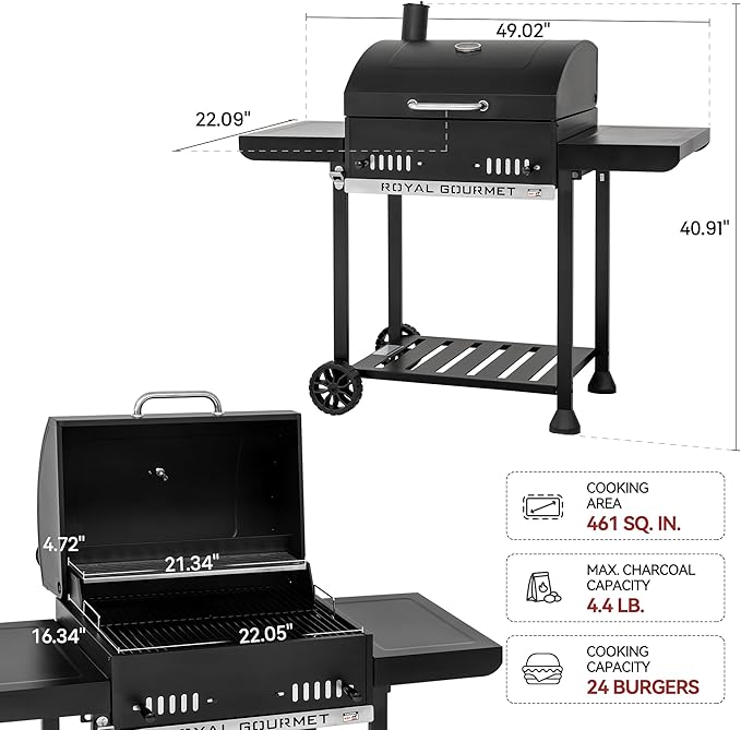 24-Inch Charcoal Grill with Foldable Side Tables Movable BBQ Grill with 470 Sq. In. Cooking Area for Backyard Patio and Parties Black CD1824EH-SC