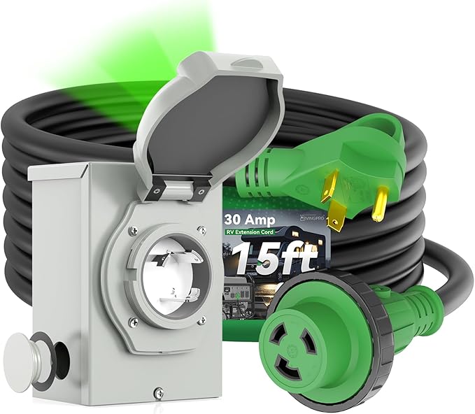 Pre-Drilled 30 Amp Generator Inlet Box and 30 Amp RV Extension Cord 15FT Waterproof Combo Kit NEMA TT-30P to L5-30R Power Extension Cord with NEMA L5-30P Generator Inlet ETL Listed