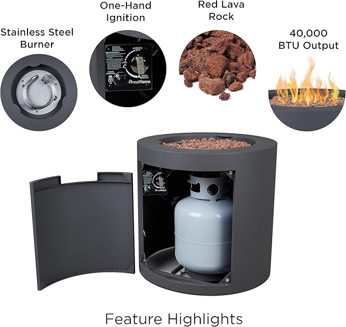 Real Flame Aegean 24 Round Propane Gas Fire Pit Table with Hidden Tank 50000 BTU Powder-Coated Steel Push-Button Ignition Lava Rock Storage Cover Stainless Steel Burner with Lid - Wthrd Slate