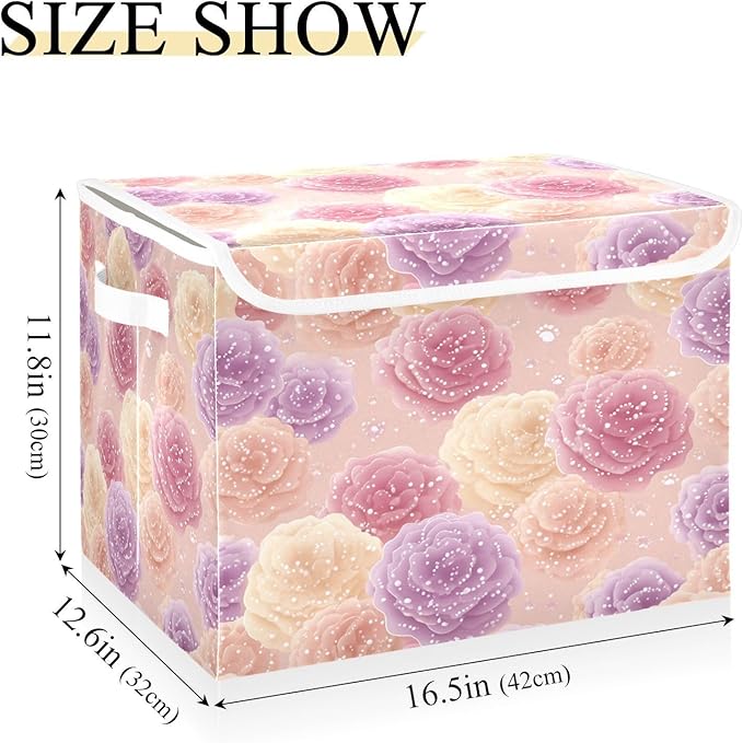 Storage Bins With Lid Stackable Fabric Closet Organizer Clothing Storage Large Boxes For Closet Shelves Bedroom Pink Roses Specks Dots Highlights