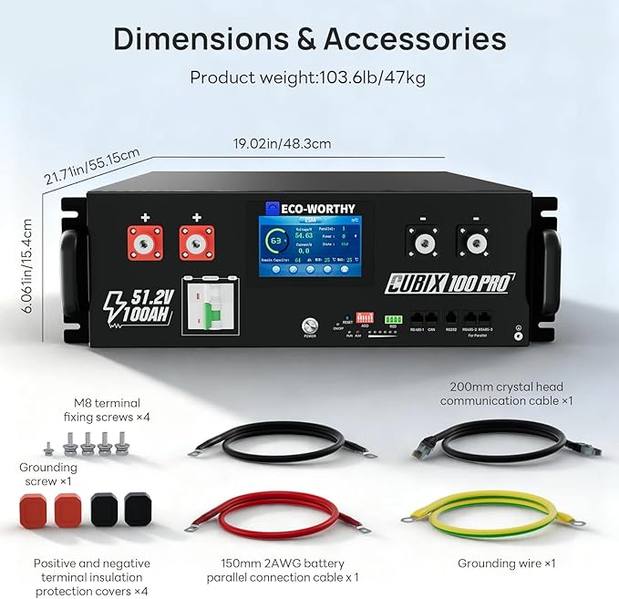 ECO-WORTHY 48V 100Ah Pro Server Rack LiFePO4 Lithium Battery LED Display Bluetooth &amp WiFi Connectivity Low-Temperature Resistant Cells for Home Backup Power and Solar Energy Storage