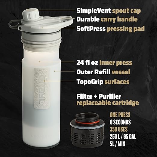 GRAYL GeoPress 24 oz Water Purifier Bottle - Filter for Hiking Camping Survival Travel (Peak White)