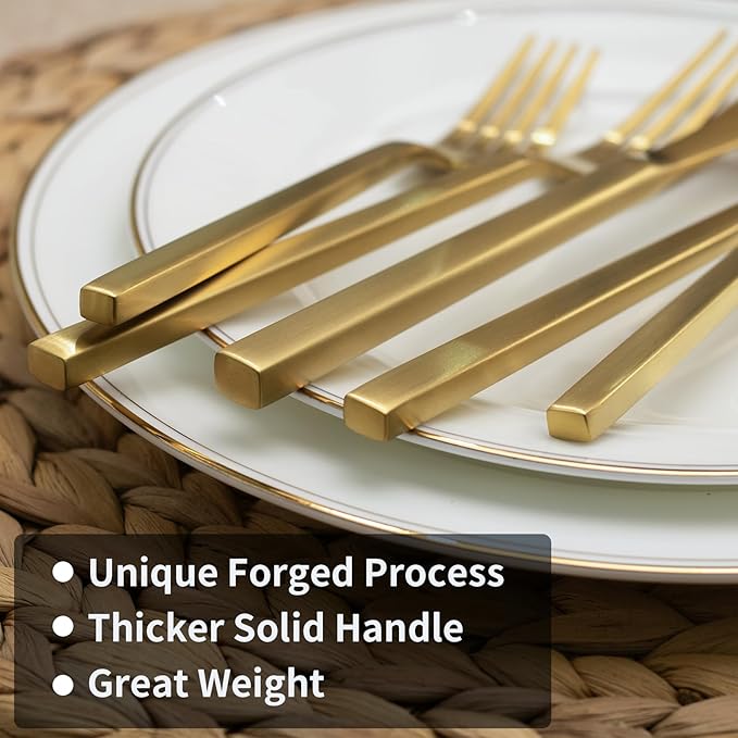 Alata Cube Matte Gold 40-Piece Flatware Set Forged Cutlery Set Service for 8 Stainless Steel Tableware with Square Handle for Home/Restaurant Dishwasher Safe