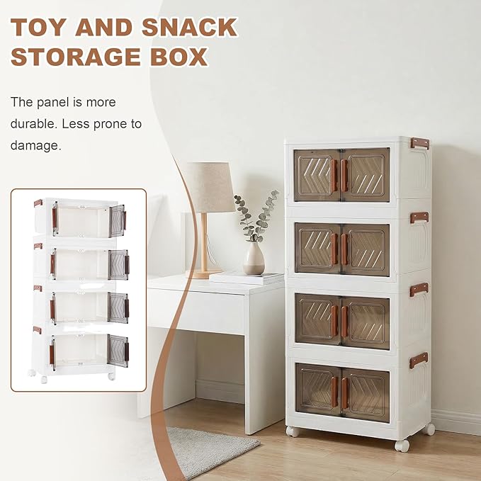 4 Tier Storage Bins with Lids Stackable Storage Bins with Wheels and Door Storage Cabinet Organizers for Home Foldable Containers (Transparent Door)