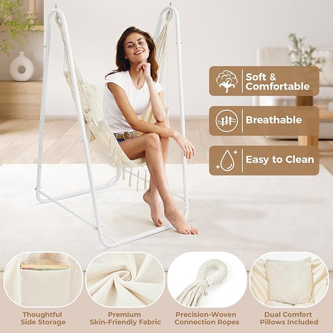 Hammock Chair with Stand Heavy-Duty Steel Hammock Stand for Indoor &amp Outdoor Use Solid Support &amp Stable Base 220 lbs Capacity U-Shaped Design Easy Assembly Hammock Chair Included - White