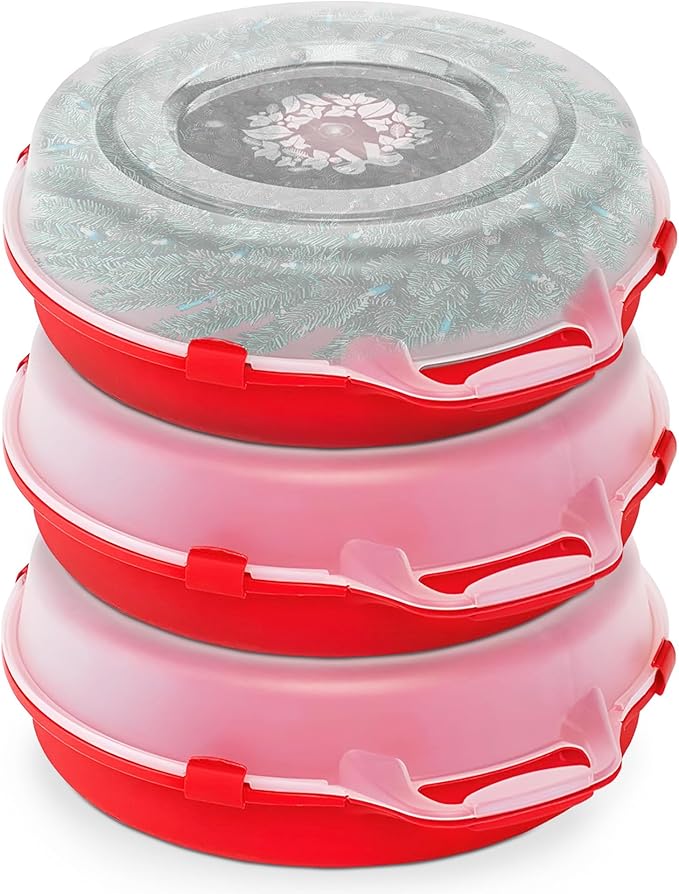HOMZ 3-Pack 24 Inch Seasonal Holiday Clear Plastic Wreath Storage Containers Red – Stackable Decoration Organizer Bins with Lids and Handles for Christmas Wreaths and Garlands