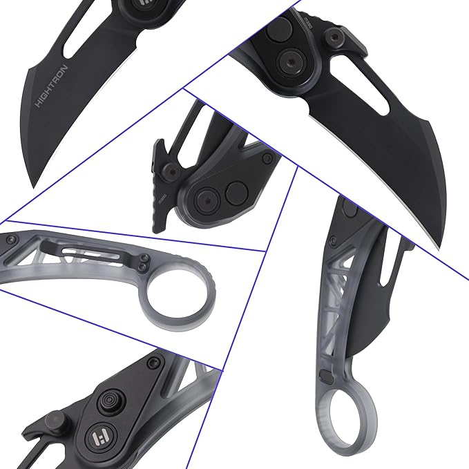 Hightron-Darkclaw Karambit Pocket Knife 3.94'' - Bohler M390 Blade with Integral Black Transparent Acrylic Handle- Button Lock - Pocket Quick Opening Hook- Knife Collector`s Gift
