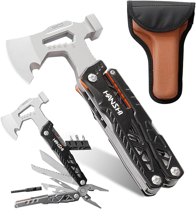 HANSHI Camping Axe Multitool with YG10 Tungsten Steel Replaceable Wire Cutters for Gift17 in 1 Multi Tool with Spring-Action PliersKnifeScrewdriverFlint RobSafty Whistle with Nylon Sheath (Black)