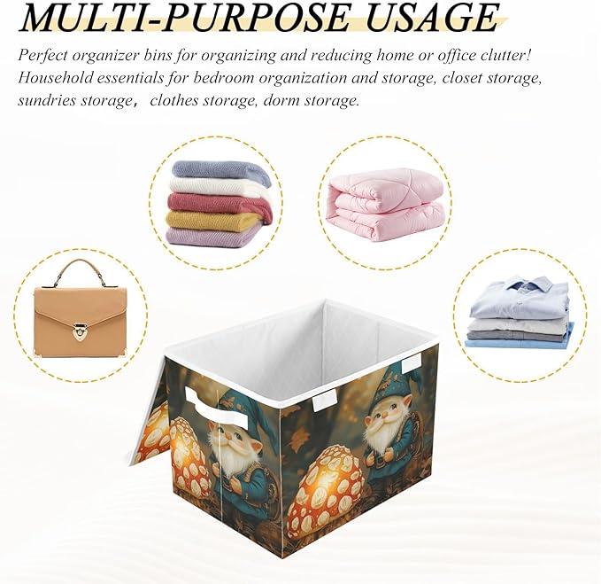 Storage Cube with Lid Gnome and Mushroom Print 16.5×12.6×11.8 IN 1 Pack Collapsible Large Capacity Foldable Storage Basket Bin Organizer