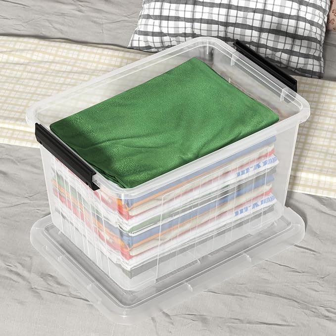 Cand 30 Quart Plastic Storage Boxes with Wheels 4 Pack Latching Lidded Storage Bins Clear