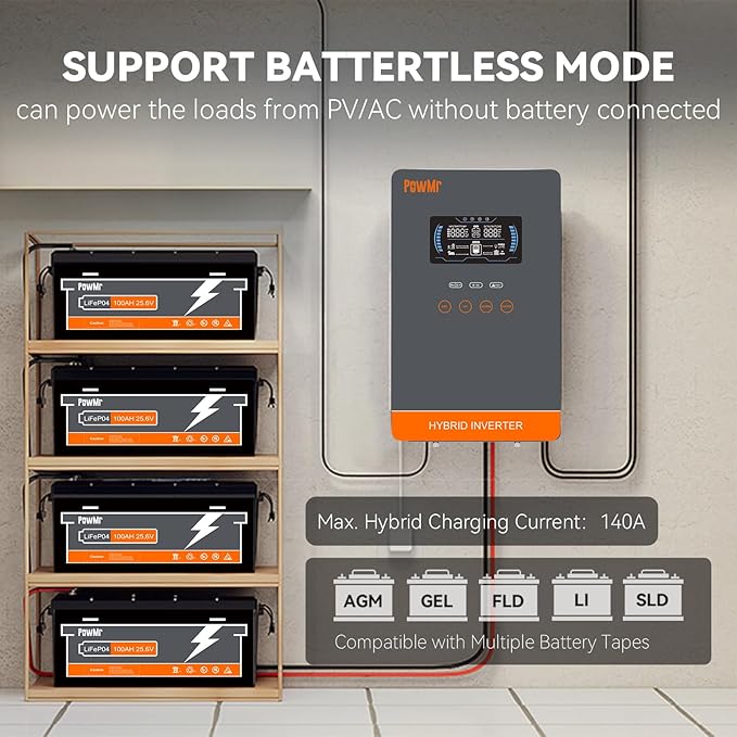 PowMr 4000W Hybrid Solar Inverter 24V to 120V Pure Sine Wave with Built-in 140A MPPT Controller Glass Top LCD Display Supports Battery-Less Run &amp AGM/Lithium Battery for Home Off-Grid Backup Po