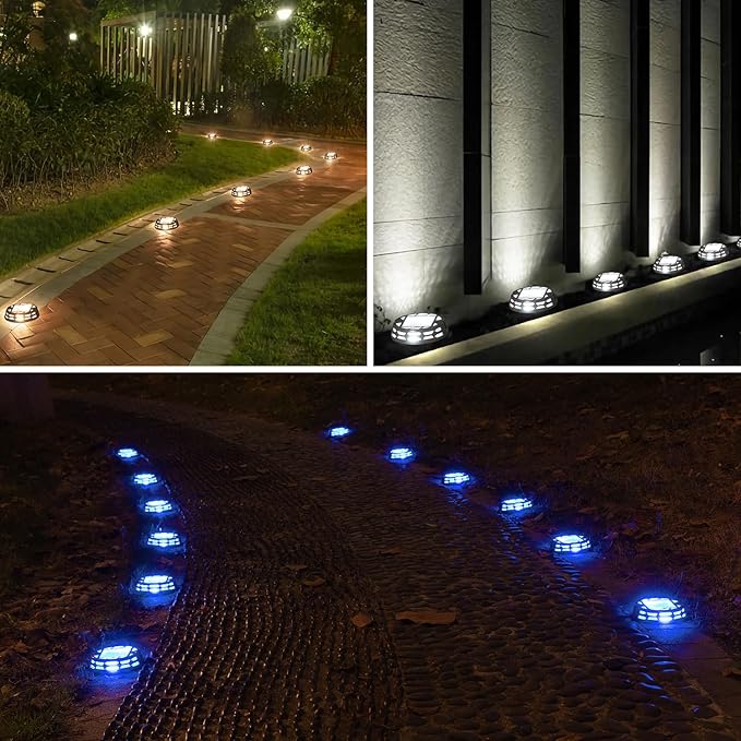 Solar Deck Lights Outdoor Driveway Marker Dock LED Light3 Lighting ModesWarm/Bright White and Blue IP67 Waterproof Road Markers for Driveway Sidewalk Garden Pathway Yard