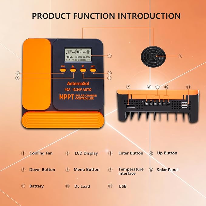 Solar Charge Controller 40A Charge Controllers 12/24V MPPT Solar Charge Controller with Adjustable LCD Timer Dual USB Max Input 100V for LiFePO4/AGM/GEL/FLD Batteries (Orange)