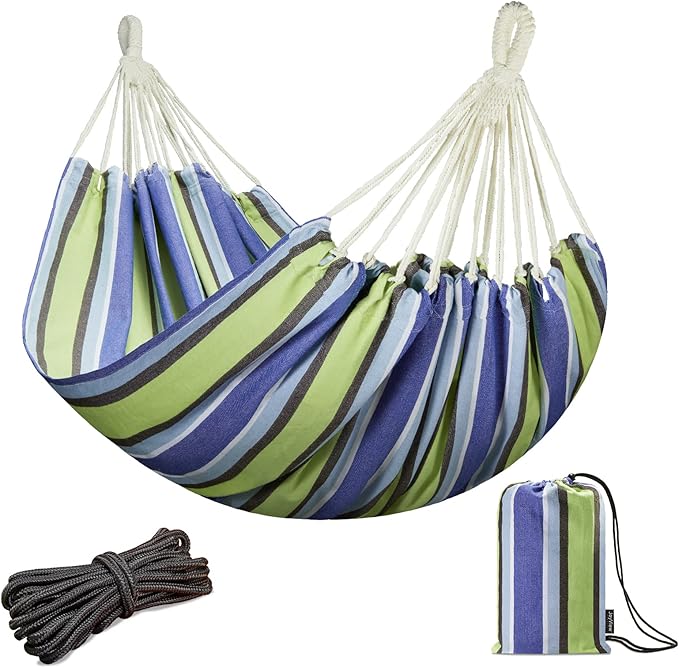 JoyView Brazilian Double Hammock with Hanging Ropes Extra Large 86.6x59” Portable Cotton Hammock for Patio Backyard Porch 450LBS Weight Capacity Perfect for Outdoor/Indoor - Blue &amp Green Stripes