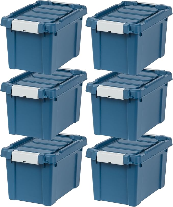 IRIS USA 5 Gallon Eco-Friendly Lockable Storage Bins with Lids 6 Pack - Made in USA Heavy Duty Stackable Containers Garage Organizing Bins Moving Tubs Rugged Sturdy Equipment Utility Box - Navy