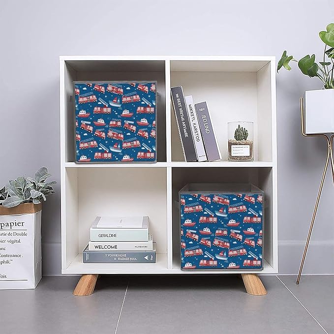 Foldable Storage Cube with Handles Firetrucks Fire Trucks Sturdy Collapsible Organizer Bin for Heavy Items like Books &amp Tools Reinforced Sides for Durability