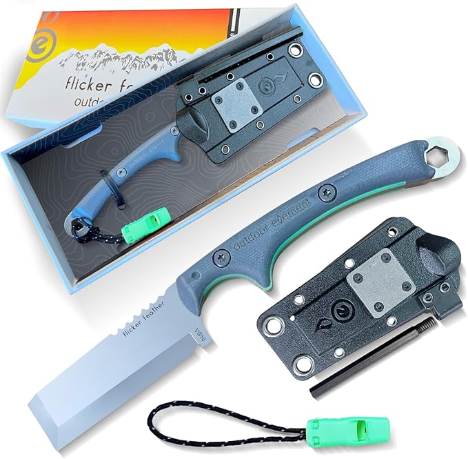 OUTDOOR ELEMENT Flicker Feather Knife Wise Owl GLOW - Right-Handed Survival Chisel Blade for Camping Hunting Culinary Knives &amp Bushcraft - Fixed Blade with Sheath Firestarter and Emergency Whis