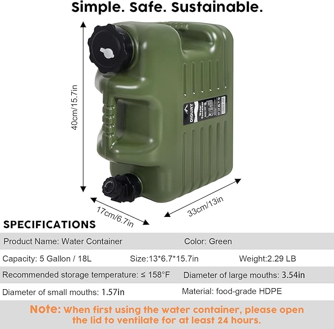 Digury 5 Gallon Water Jug Camping Water Container BPA Free Water Storage with Spigot No Leakage Portable Emergency Water Tank for Outdoor Hiking Camping Picnic Supplies Green