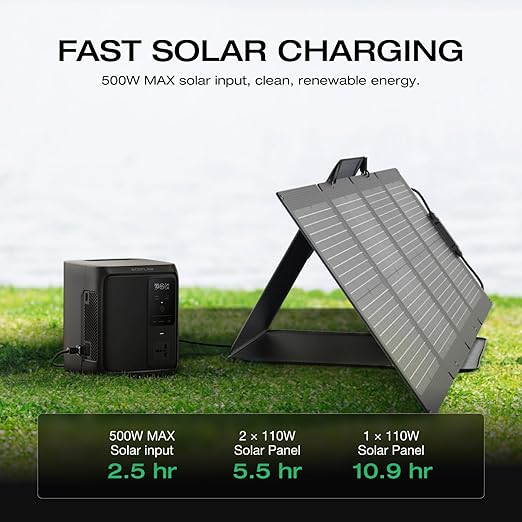 EF ECOFLOW Solar Generator DELTA 3 1000 Air with 110W Solar Panel 960Wh LiFePO4 (LFP) Battery 500W AC Output Portable Power Station for Home Backup Power Outages Camping &amp RVs