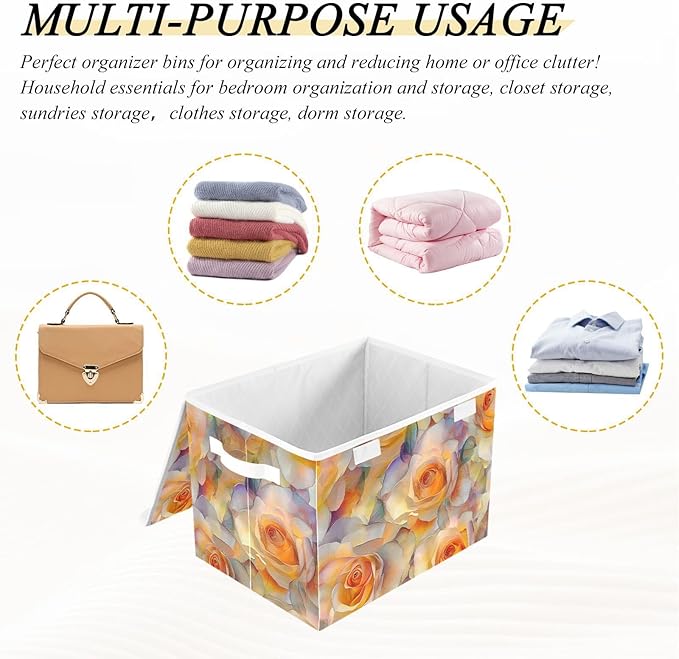 Aesthetic Floral Orange Storage Cube Bins Basket with Lid Collapsible Flip-top Fabric with Handle for Home Bedroom Closet Office 16.5×12.6×11.8 in