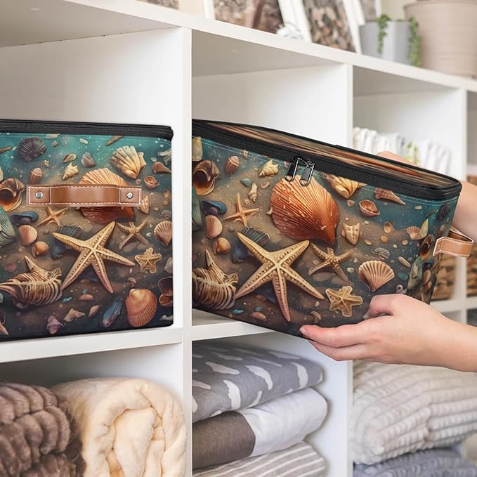 Storage Bins with Lids Retro Starfish Seashells Storage Basket Clothes Organizer with Handles Closet Storage Containers for Clothing Bedding Blanket