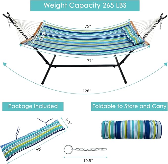 Tangkula 10.5FT Double Hammock Heavy Duty Outdoor Hammock with Curved Spreader Bars Detachable Pillow 2 Person Hammocks for Outside Porch Patio (Stand is not Included) (Blue+Green)