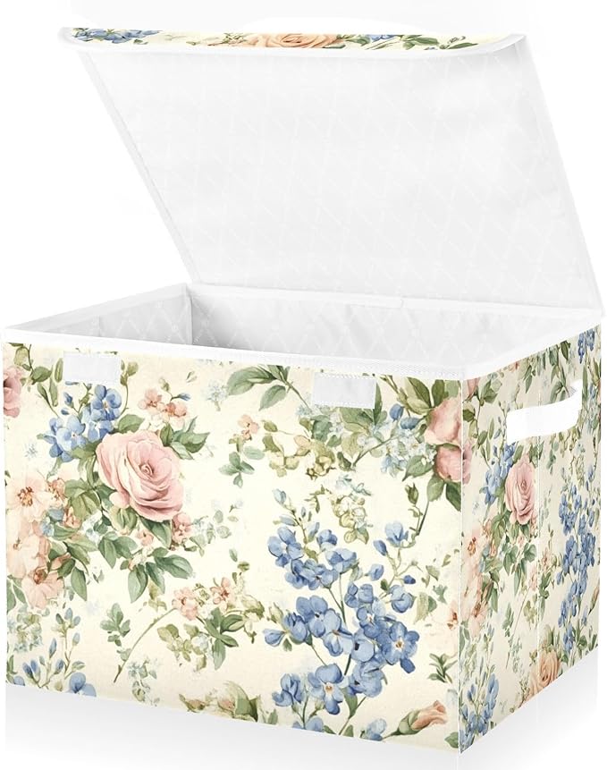 Collapsible Storage Bins with Lids Decorative Fabric Storage Cubes Closet Organizer and Storage Basket Boxes Containers for Clothes Box Chest Nursery Folding Rectangle Shabby Rose Bluebonnet