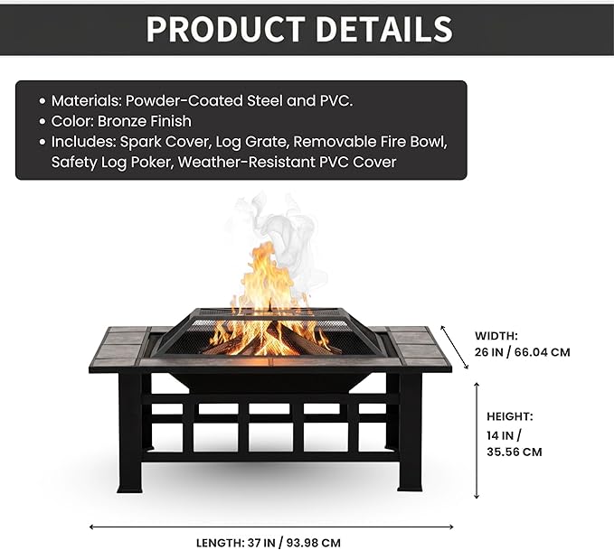 Fire Pit Set Wood Burning Pit -Includes Screen Cover and Log Poker- Great for Outdoor and Patio 37” Marble Tile Rectangular Firepit by Pure Garden