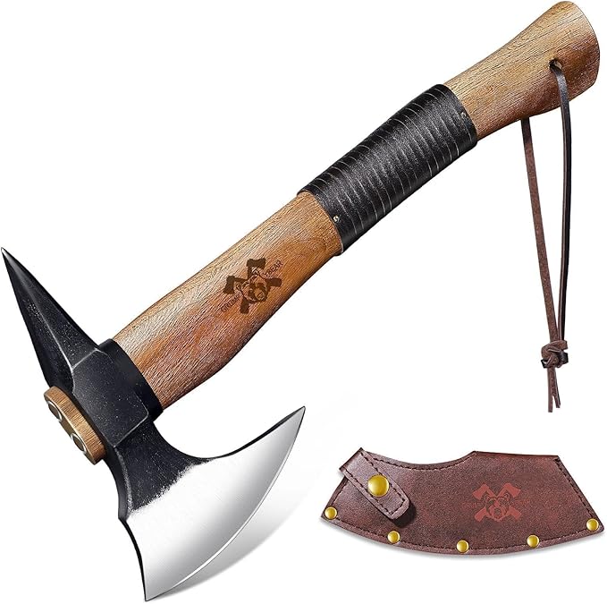Grumpy Bear 15 Camping Hatchet Survival Axe with Sheath High Carbon Steel and Wood Handle Anti-Slip Grip – Ideal for Bushcraft Wood Splitting &amp Outdoor Adventures