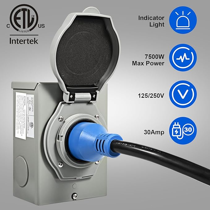 30 Amp Generator Cord and Power Inlet Box 30FT Generator Cords 30 Amp125V/250V Generator Power Cord NEMA L14-30P to L14-30RTwist Lock Connector