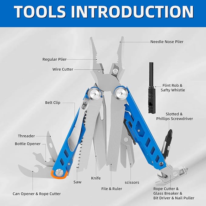 HANSHI Multitool Pliers 22-in-1 YG10 Tungsten Steel Multi Tool with ScissorsReplaceable Wire Cutters Flint Window Breaker Back ClipIdeal for Camping Survival and Gift(Blue)