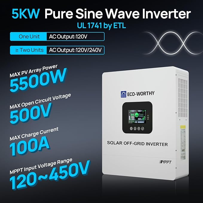 ECO-WORTHY UL1741 5000W 48V Solar Inverter Charger with WiFi 48V DC to 120V ACInversor Solar Built in 100A MPPT Solar Charge Controller40A AC ChargerWork with Lead Acid/LiFePO4Home Backup