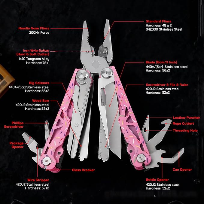 Multitool 15-in-1 Full-Size Lightweight EDC Multi-Purpose Pliers Nylon Bag Camping Knives &amp Tools Tactical Outdoor Gear Mens Gifts Ideas Gifts for Hunters Men who have Everything (Pink)