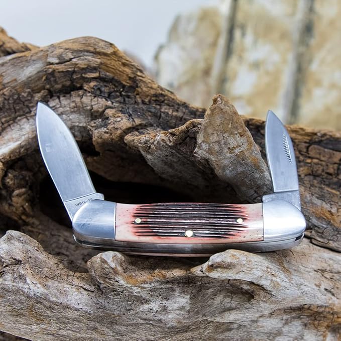 WHISKEY BENT HAT CO. Traditional Canoe Folding Knife 3.63 Closed Length 440C Stainless Steel Blades (Black Cherry Bone)