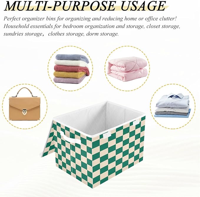 Storage Bins With Lid Stackable Fabric Closet Organizer Clothing Storage Large Boxes For Closet Shelves Bedroom Checkered Emerald Green and Beige