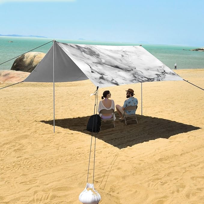 ALAZA White Marble Modern Beach Tent Sun Shelter UPF50+ Protection Beach Shade Canopy w/ 4 Sandbags for Outdoor Camping Fishing Backyard Fun Picnic 10x9 ft
