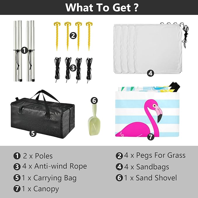 Beach Canopy with Windproof Ropes &amp Sandbags Beach Tent Sun Shade Sun Shelter for Camping Trips Fishing Backyard Fun or Picnics Flamingos