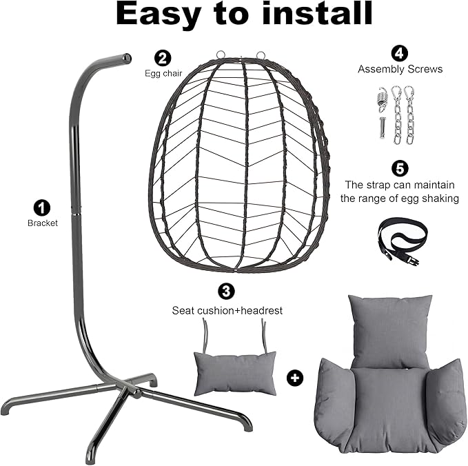 LEX CRAFT Hanging Egg Chair with Stand Swinging Egg Chair Outdoor Indoor Hanging Basket Chair with Cushion Patio Wicker Hammock Chair 350lbs Capacity for Porch Balcony Backyard Garden (Grey1)