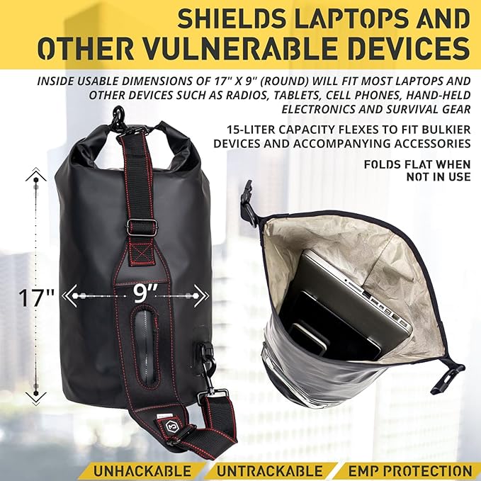 Mission Darkness Dry Shield Faraday Tote 15L // Waterproof Dry Bag for Electronic Device Security &amp Transport // Signal Blocking Anti-Tracking EMP &amp CME Shield Data Privacy for Mobile Devic
