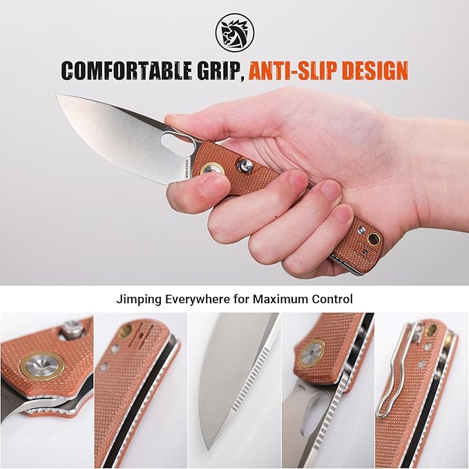 Vosteed EDC Knife 2.99 Sandvik 14C28N Steel Wider Blade Top Liner Lock Brown Micarta Handle Folding Pocket Knives with Clip for Men &amp Women Camping Fishing - Porcupine - A2604