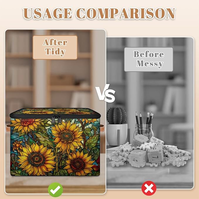 Sunflower Oil Painting Storage Bins with Zipper Lid Fabric Storage Containers for Clothes Collapsible Closet Storage Basket with Metal Frame 2 Pack