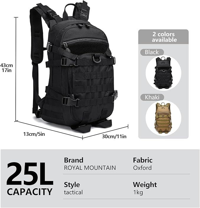 25L Small Tactical Backpack For Men Military Waterproof Backpack With Multiple Pockets 3-Day Bug Out Bag Molle Backpacks For Camping Hiking Military Traveling (Black)