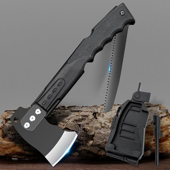 Multifunctional Hammer Head Axe Survival Tactical Tool - Folding Saw Flintstone Whistle with Axe Sheath - Camping Hatchet for Outdoor Hiking