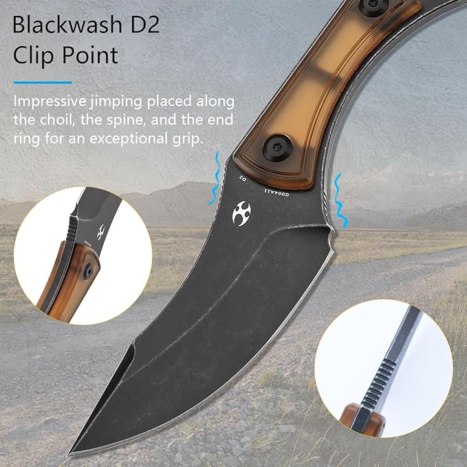 KANSEPT Niko Fixed Blade Knife 3.54'' Blackwash D2 Sharp Blade with Yellow PEI Fine Texture Handle Adjustable Kydex Sheath for Edc Hunting Survival Camping G004A11