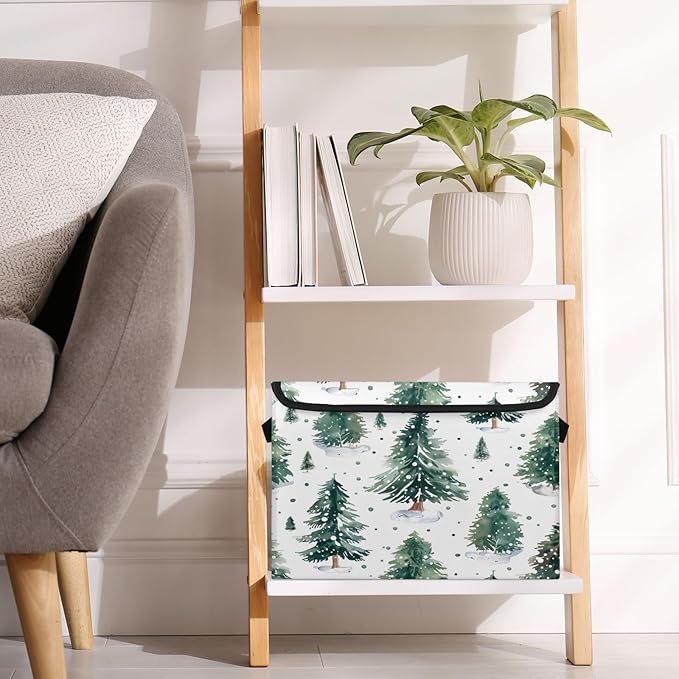 Christmas Tree Storage Basket with Lid Winter Xmas Foldable Storage Box Fabric Storage Bins with Carrying Handles for Home Bedroom Closet Organization