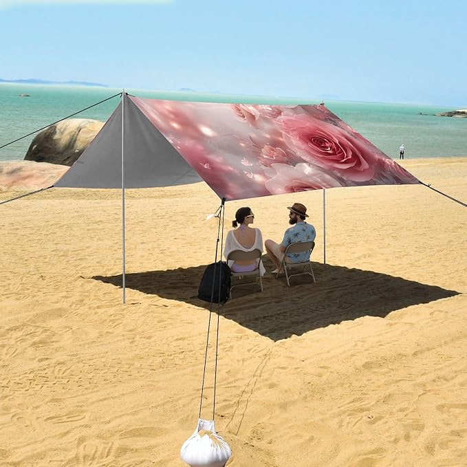 ALAZA Dreamy Pink Rose Flower Beach Tent Sun Shelter UPF50+ Protection Beach Shade Canopy w/ 4 Sandbags for Outdoor Camping Fishing Backyard Fun Picnic 10x9 ft