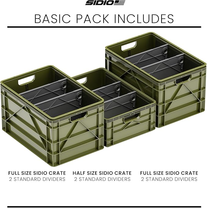SIDIO Crate Basic Pack - 2 Full-Size &amp 1 Half-Size Heavy Duty Stackable Storage Bins Totes and Containers with Dividers - Durable Plastic Organizer for Home Office Garage and Outdoor Use Gree