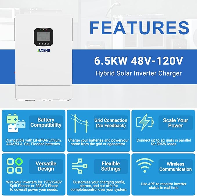6500W Hybrid Solar Inverter 48V DC to 110V AC Pure Sine Wave Built-in 2 MPPT Controller Max. 150A Battery Charging Support Parallel 6 Units Dustproof for Home On/Off-Grid Systems