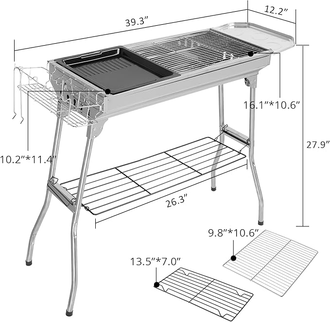 LEADZM Stainless Steel Barbecue Grill BBQ Charcoal Foldable &amp Portable Grill Great for Outdoor Cooking Camping Hiking Picnics Tailgating Silver 39.3×12.2×27.9